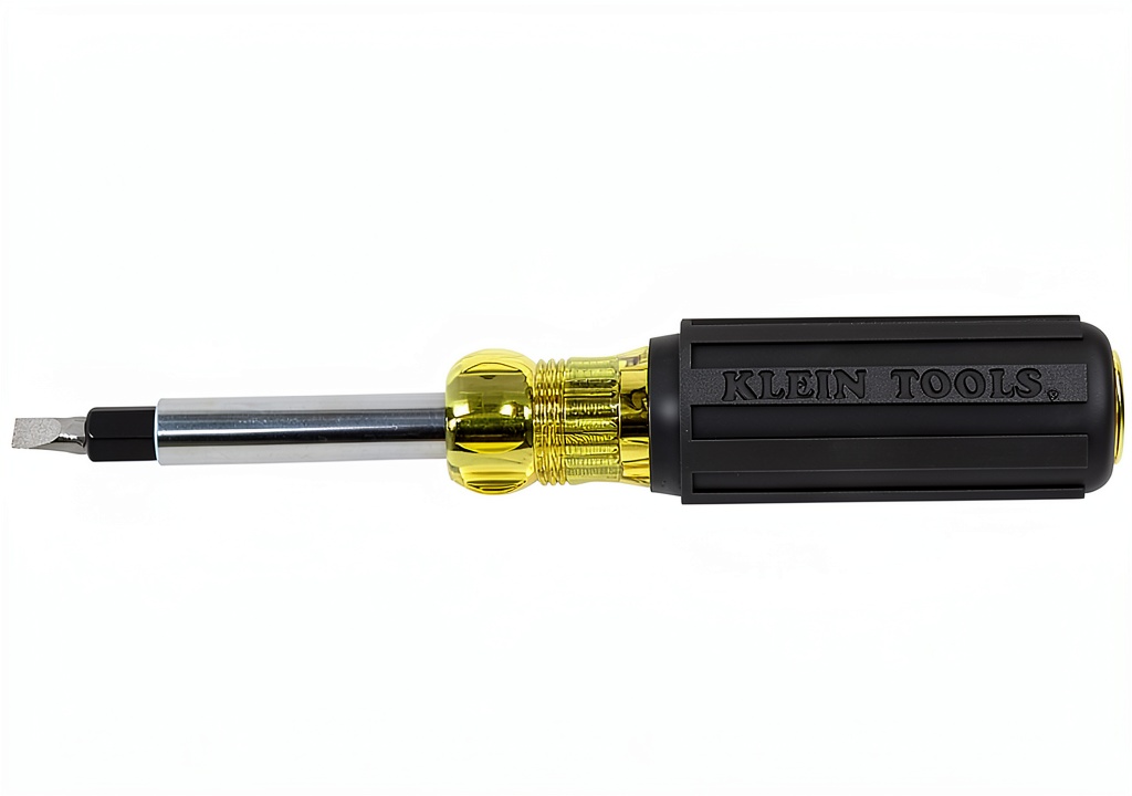 Klein Tools 32557 multi-bit screwdriver and nut driver displayed with interchangeable tips