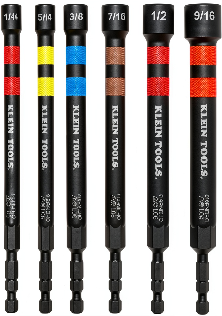 Klein Tools nut driver set displayed with color-coded handles and extended shafts
