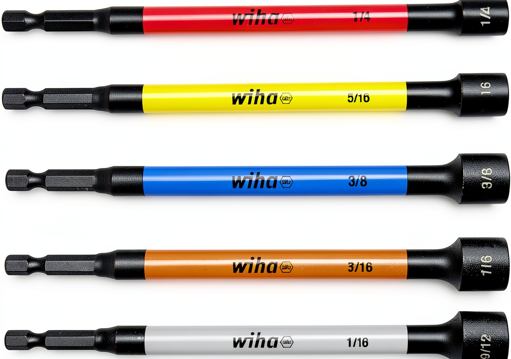 Wiha 6-piece magnetic nut setter set displayed with color-coded sizes
